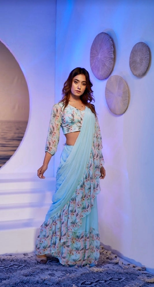 Powder Blue Eyes On You Ready To Wear Ruffle Saree With Blouse
